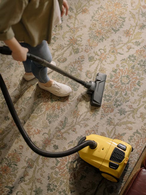 A professional cleaner is standing in a well-lit kitchen or living space, holding a spray bottle of cleaning solution in one hand and a dusting tool in the other. The surface behind her includes a woo